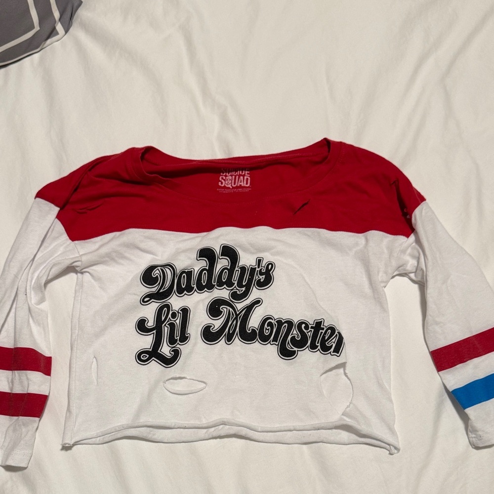 Suicide Squad "Daddy's Lil Monster" Women’s Red and White Crop Top